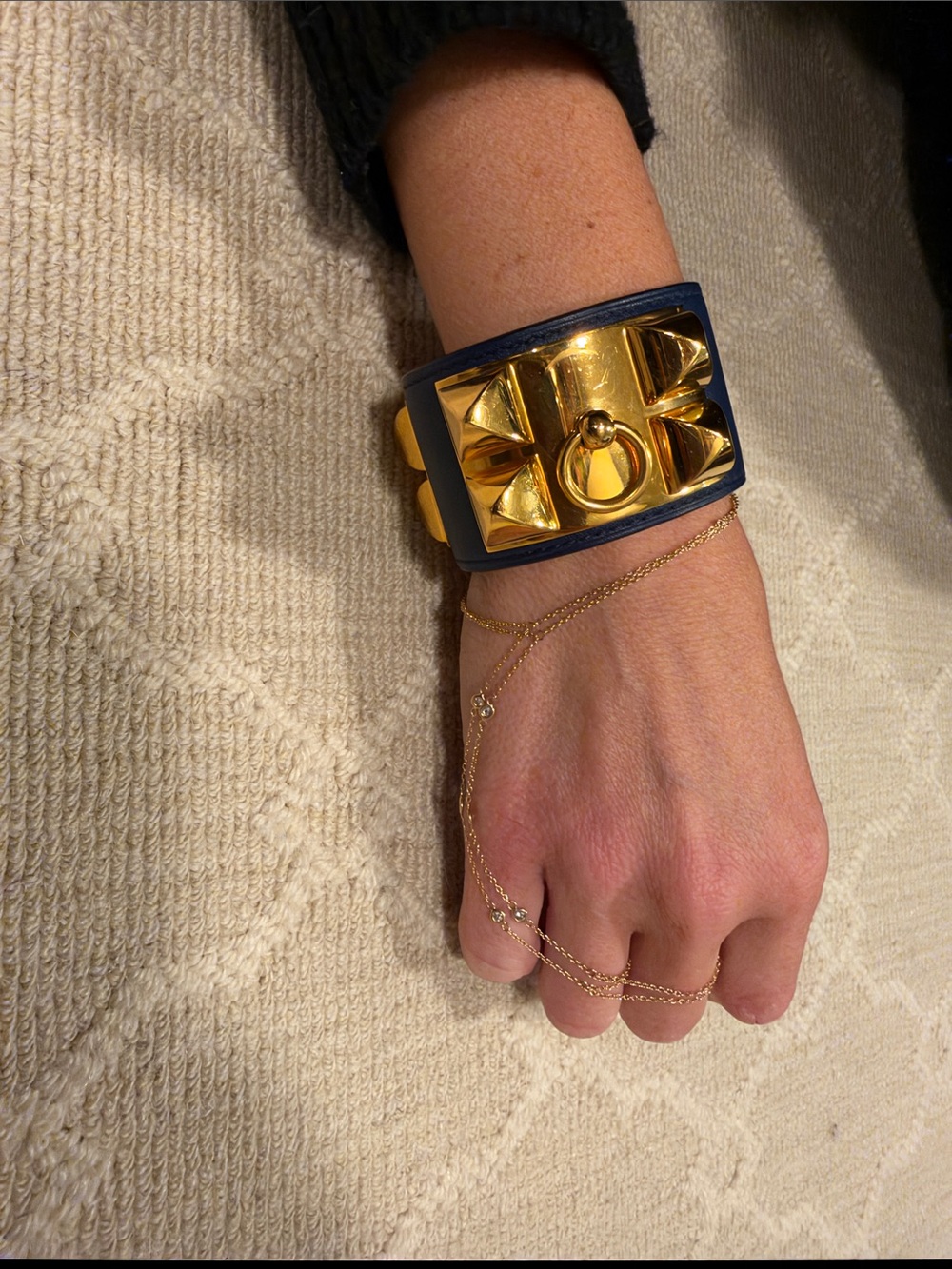 Hermes Navy Leather Cuff with Gold Hardware